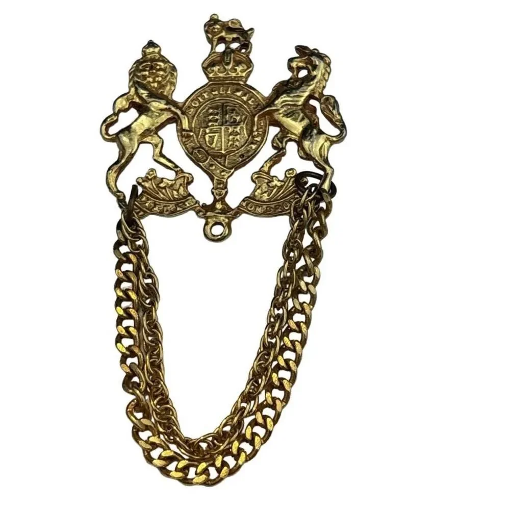 Vintage British Heraldic Double Chain Brooch Cloak Clasp Lion Crest